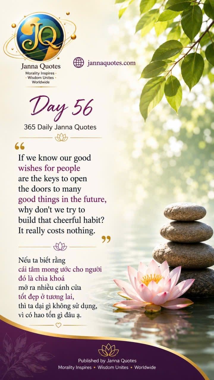 Day 56, 365 Daily Janna Quotes — stacked stones and a water lily on a still pond, above the words that good wishes are keys to good things ahead.