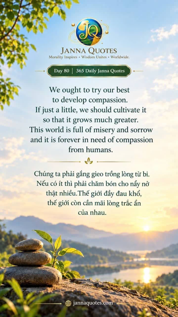 An inspirational quote image for Day 80 showing stacked stones and a small sprout at sunrise, highlighting the importance of growing compassion