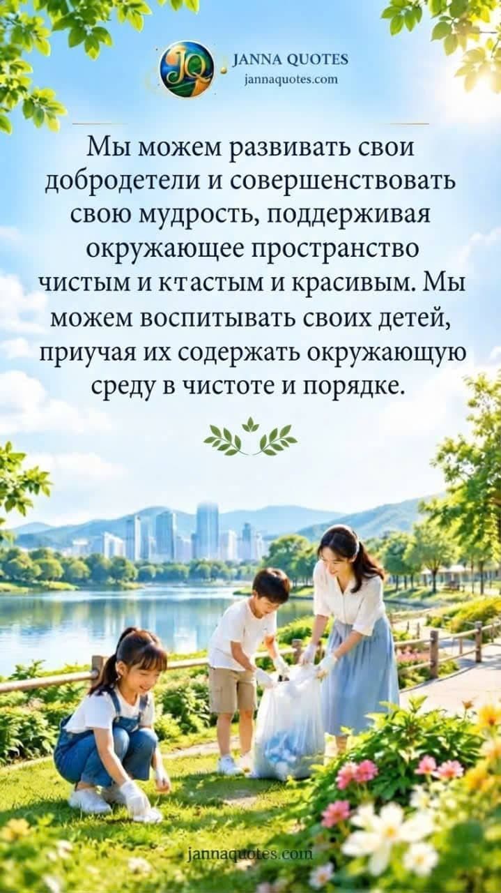 Мотивационная картинка дня 84, изображающая семью, убирающую мусор в парке, подчеркивающая важность чистой окружающей среды для духовного роста.
