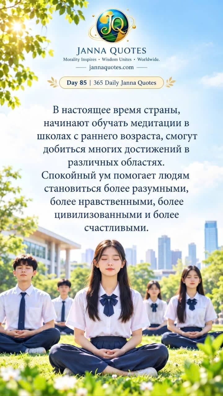 Мотивационная картинка дня 85, изображающая школьников, практикующих медитацию на траве, подчеркивая важность спокойного ума для будущего страны.