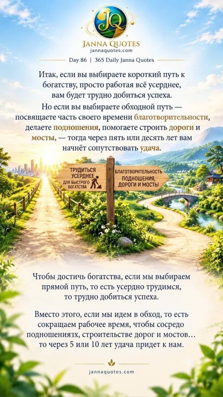Мотивационная картинка дня 86, изображающая развилку дорог: тяжелый труд ради быстрого богатства против пути благотворительности и добрых дел.