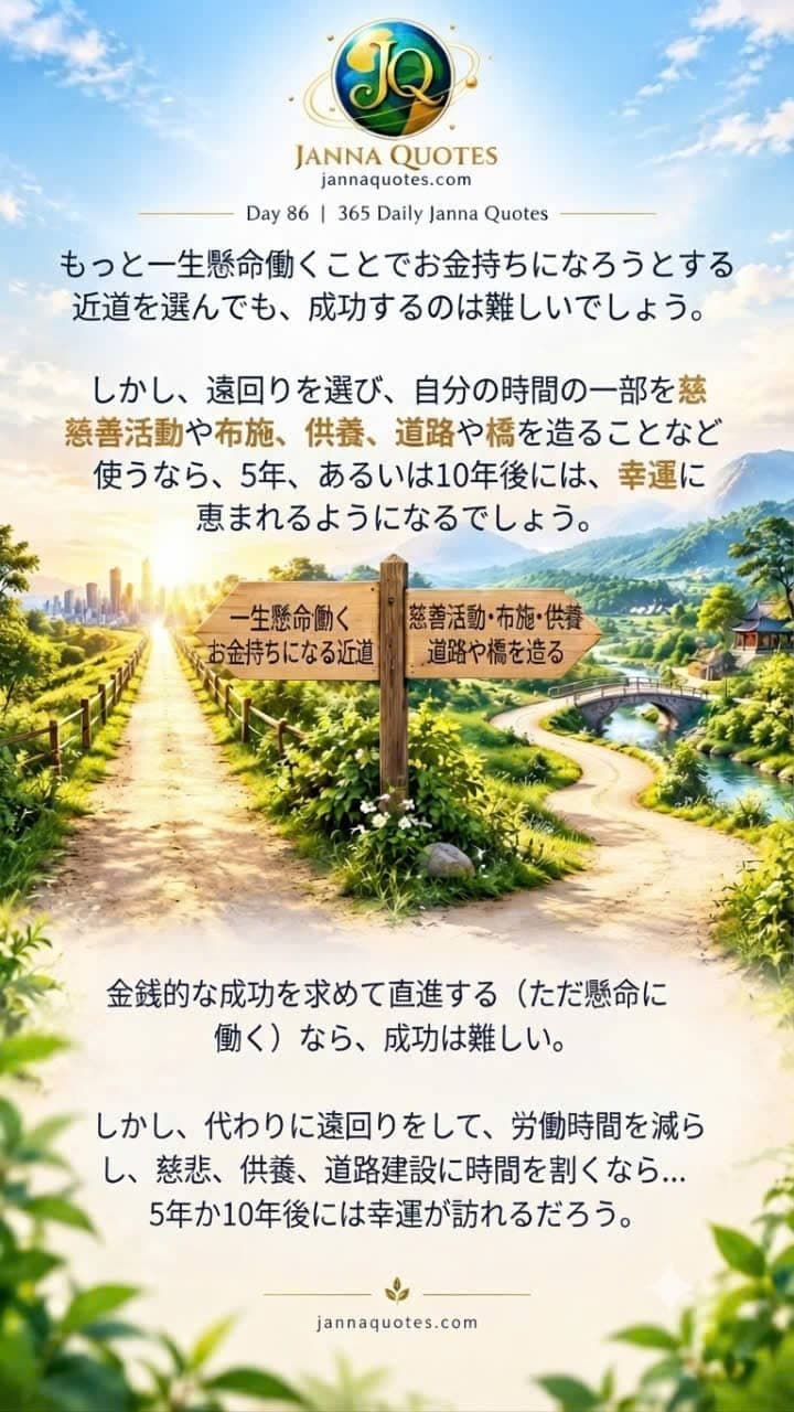 Day 86の心に響く名言画像。急いて富を得るための過酷な道と、チャリティや橋の建設など善行を積む遠回りな道の二つが描かれています。