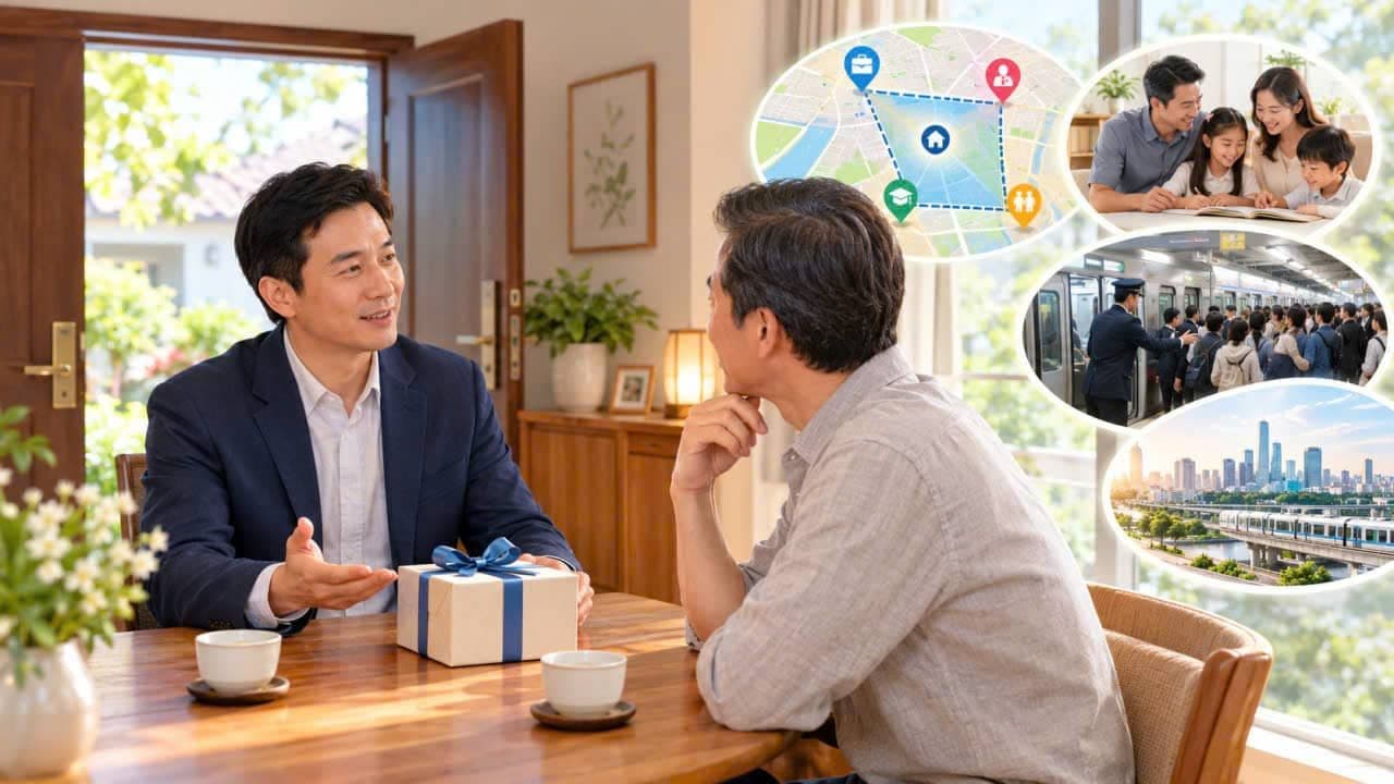 A family choosing a home location between workplaces and schools while considering commuting distance and traffic congestion
