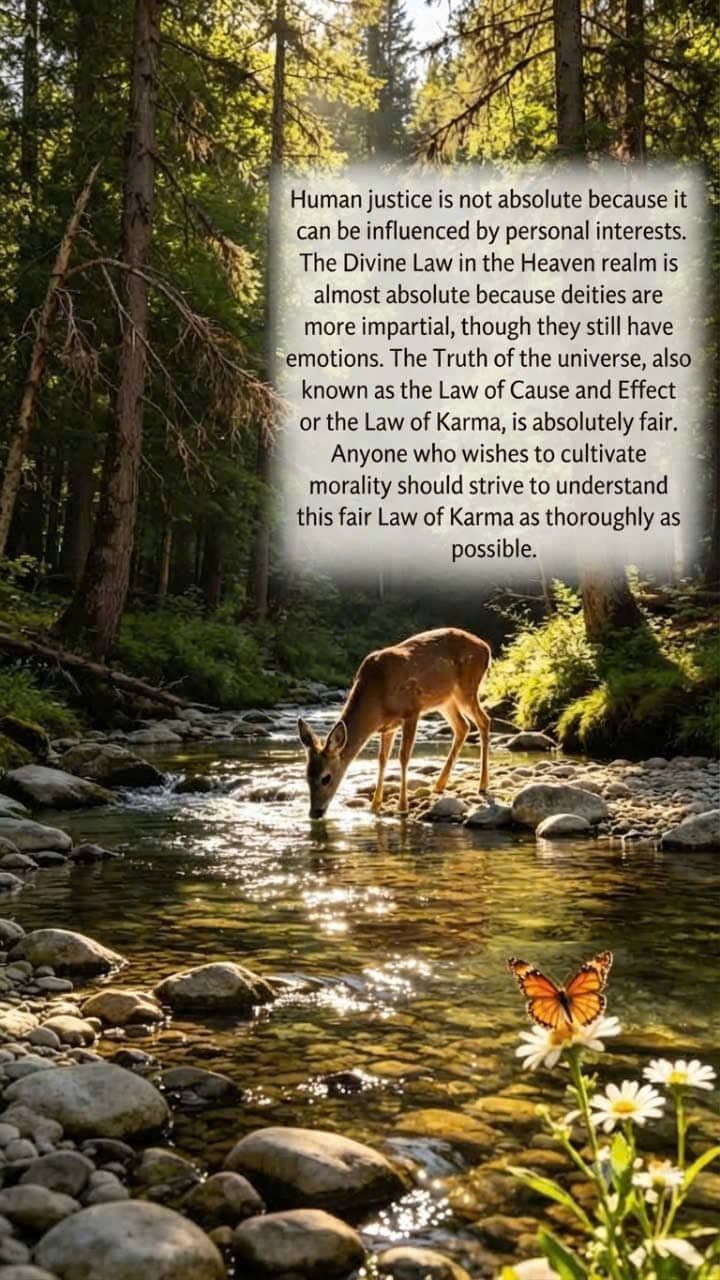 A deer drinking from a clear forest stream with a butterfly and flowers, illustrating the fairness of the Law of Karma and cause and effect.