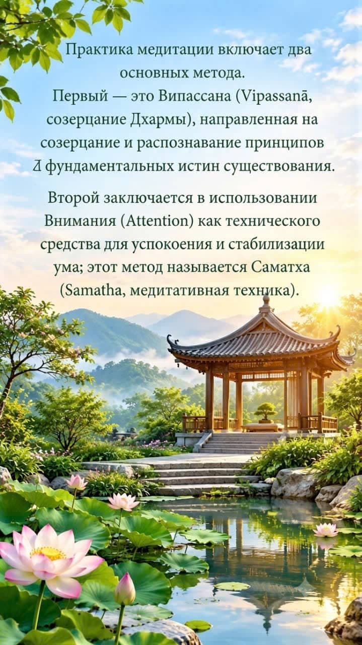 Умиротворяющий пейзаж с традиционной беседкой и прудом с лотосами, иллюстрирующий методы медитации Випассана и Саматха.