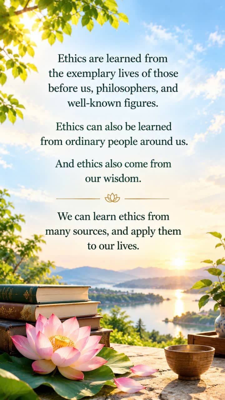 Inspirational ethics quote with books, lotus flower, tea cup, lake, and peaceful mountain landscape