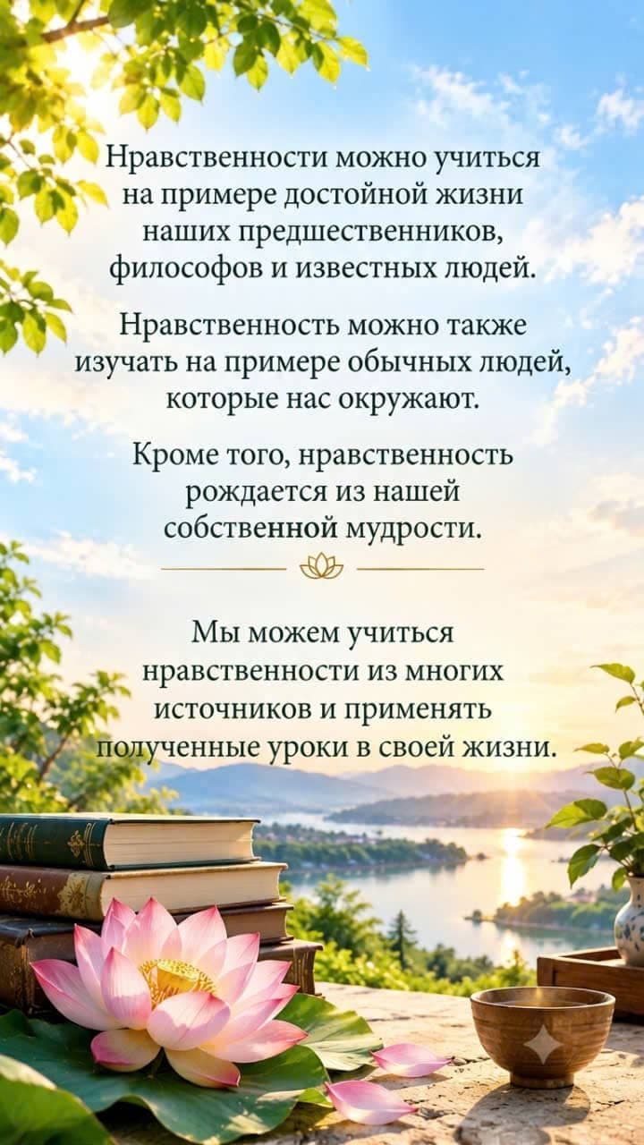 Вдохновляющая цитата об этике на фоне книг, цветка лотоса, чайной чаши, озера и спокойного горного пейзажа