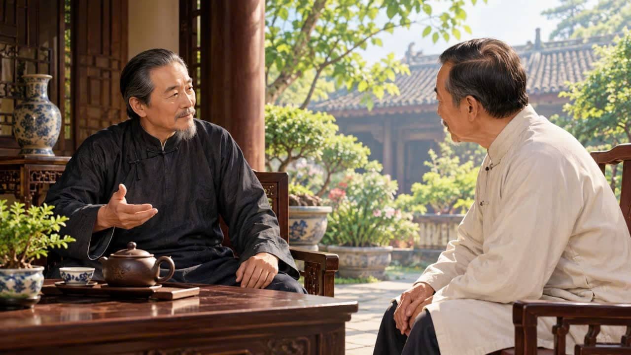 Two men discussing feng shui and how the human mind shapes karma and destiny