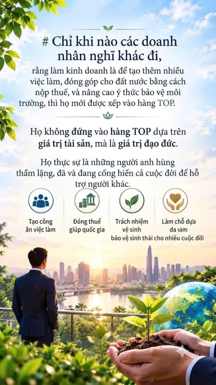 Hình ảnh infographic về đạo đức doanh nhân, trách nhiệm xã hội, tạo việc làm, bảo vệ môi trường và hỗ trợ cộng đồng.
