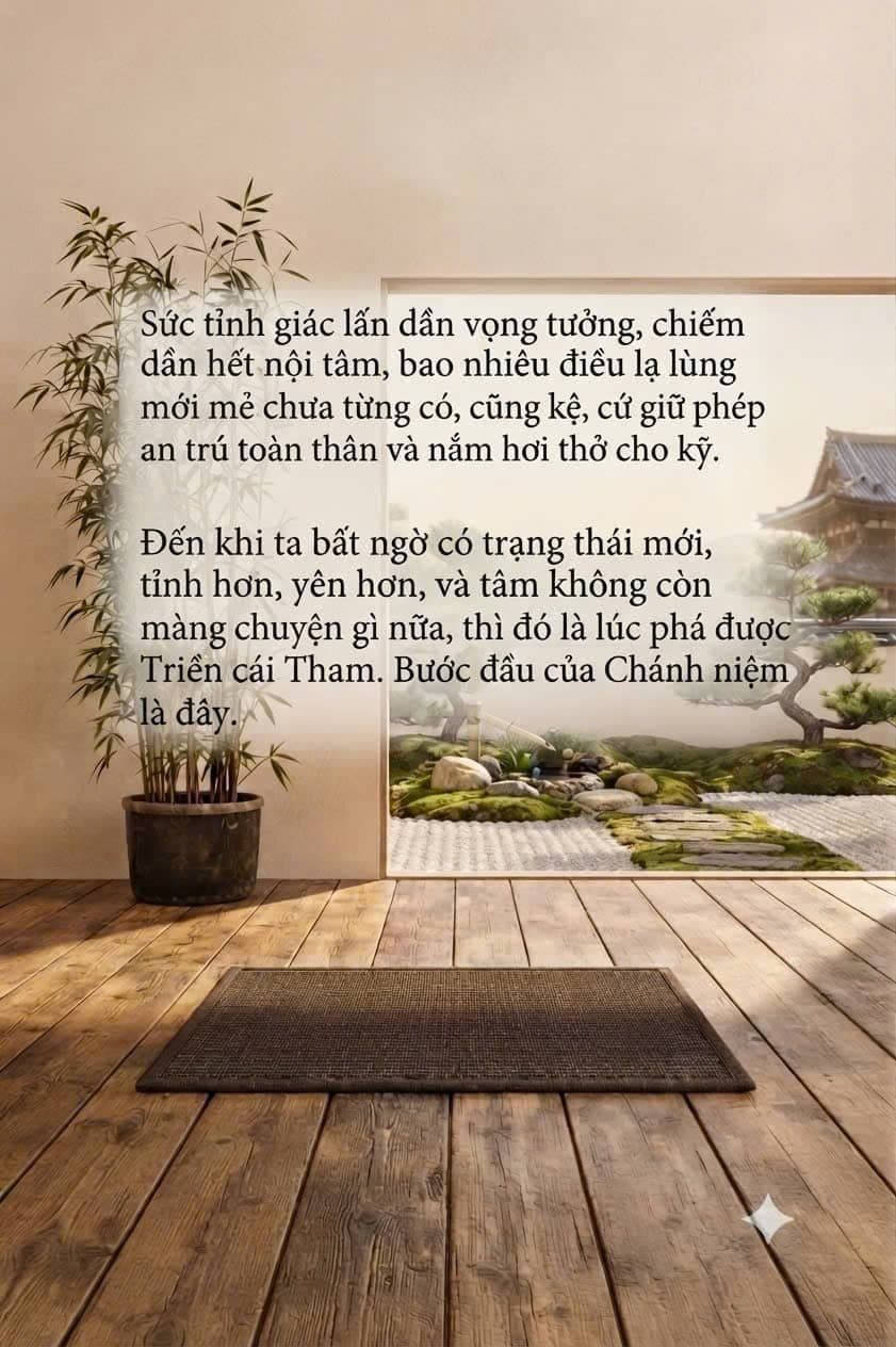 Không gian thiền định yên bình nhìn ra khu vườn Zen cùng câu danh ngôn chánh niệm bằng tiếng Việt