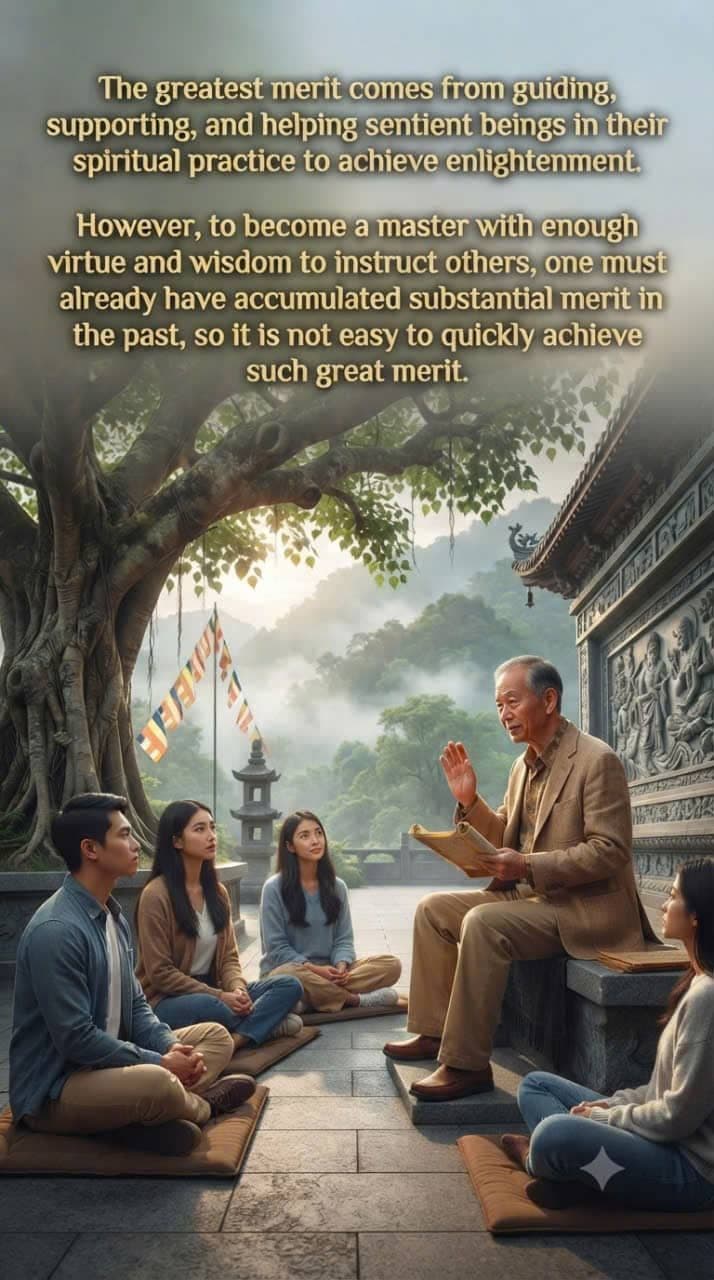 A spiritual teacher guiding students in meditation and spiritual practice at a peaceful temple