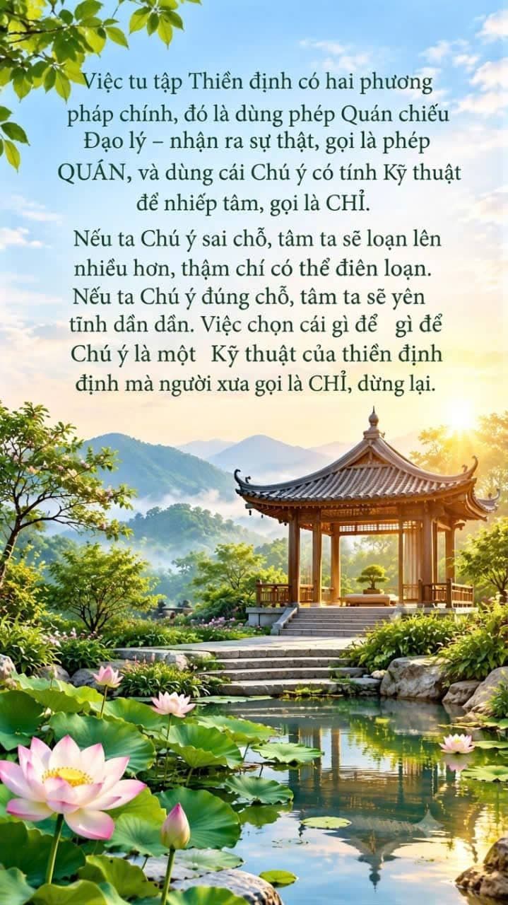 Phong cảnh thanh bình với ngôi thủy tạ truyền thống và hồ sen, minh họa cho hai phương pháp thiền định Vipassanā và Samatha.