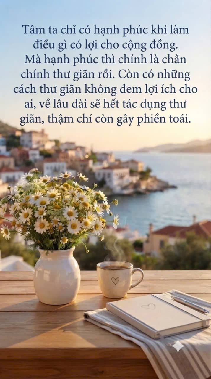 Khung cảnh biển yên bình với bó hoa cúc, tách trà và cuốn sổ tượng trưng cho hạnh phúc, sự thư giãn và những điều có ích cho cộng đồng.