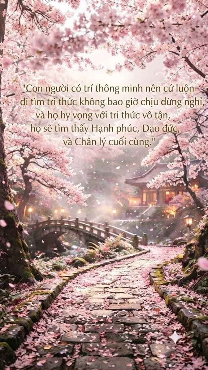 Con đường phủ đầy hoa anh đào bên cây cầu và những ngọn đèn truyền thống, tượng trưng cho hành trình con người tìm kiếm tri thức, hạnh phúc, đạo đức và chân lý.