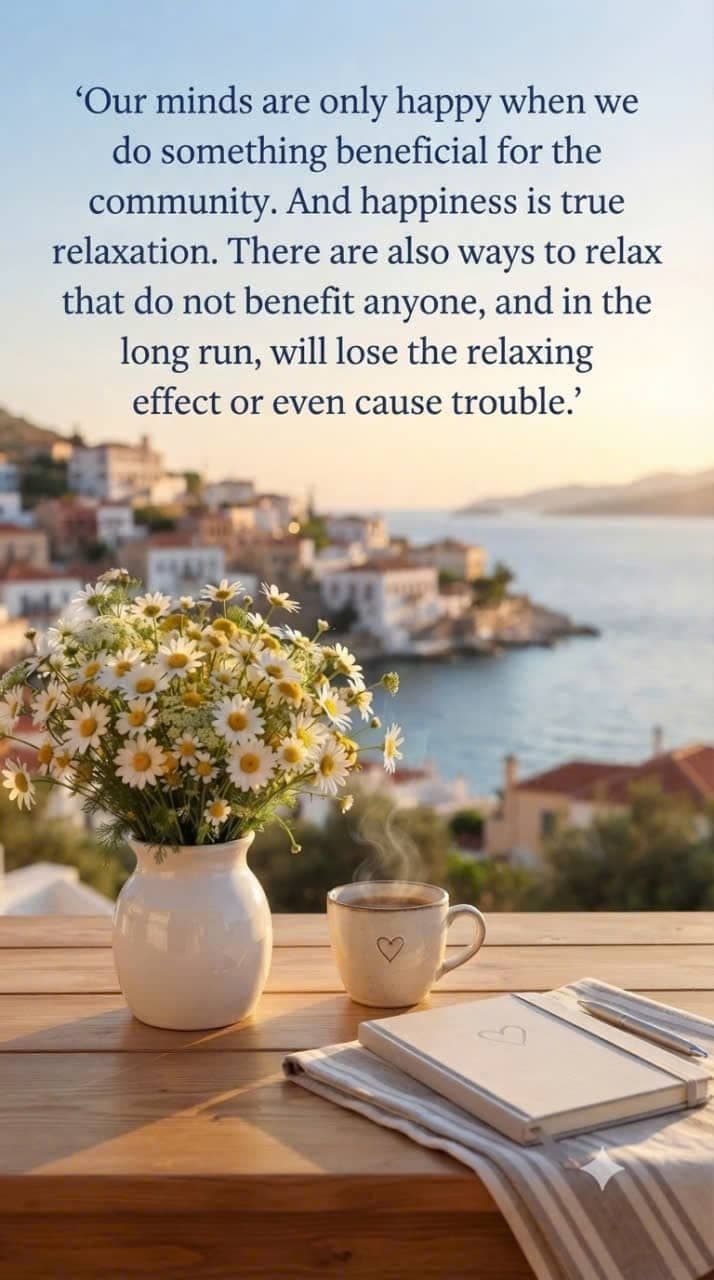 A peaceful seaside view with daisies, a cup of tea, and a notebook representing happiness, relaxation, and meaningful contribution to the community.