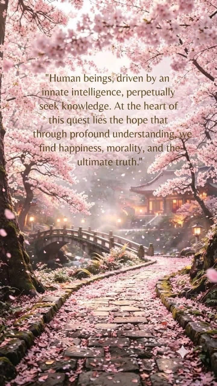 A peaceful cherry blossom pathway with a traditional bridge and lanterns, symbolizing the human journey toward knowledge, happiness, morality