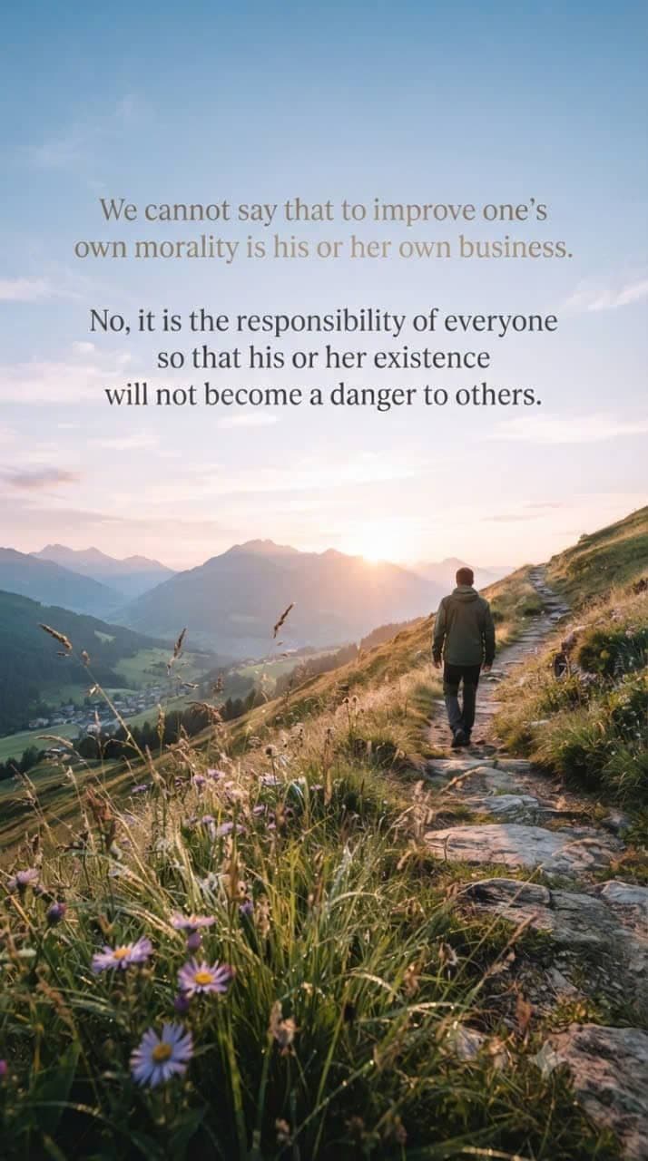 An inspirational quote image featuring a person walking on a mountain trail at sunrise, with text about morality and social responsibility.