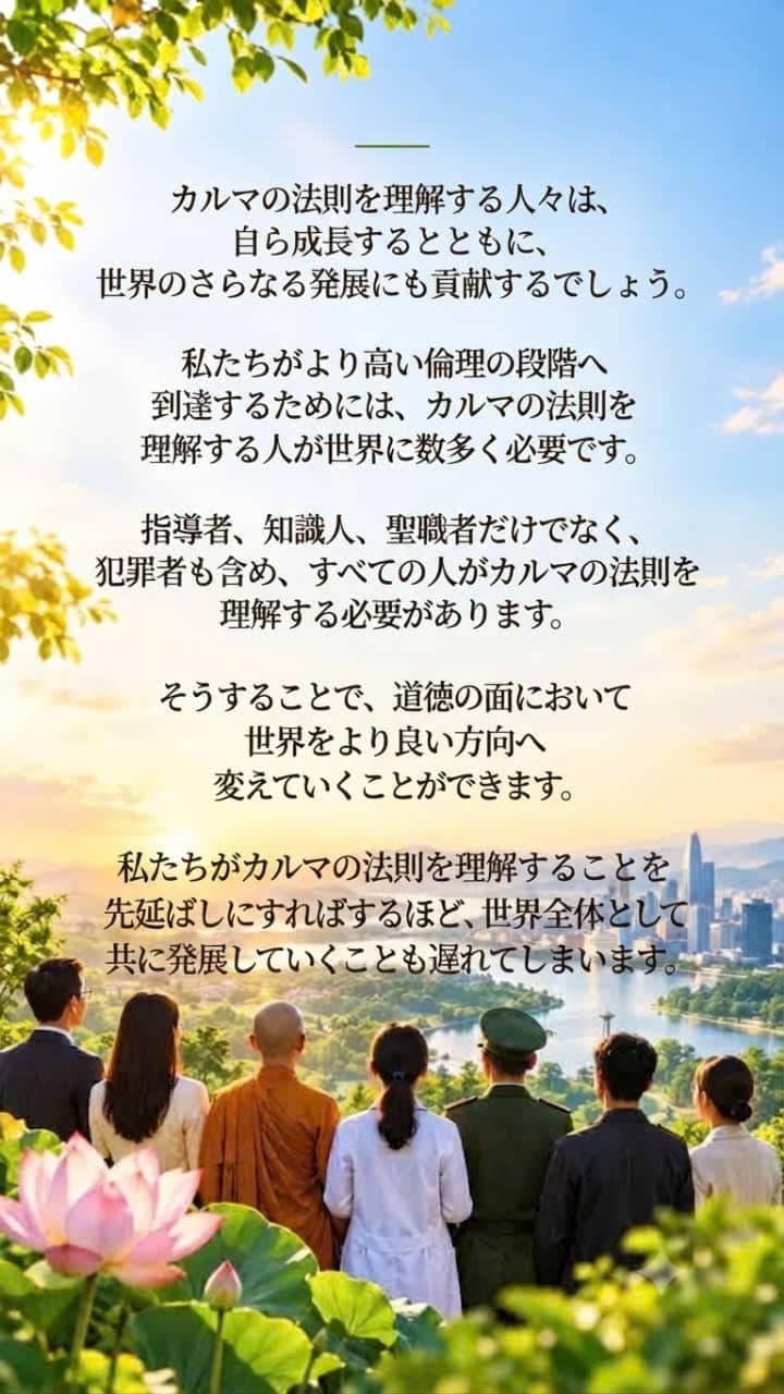 さまざまな立場の人々が日の出とともに都市を見つめ、因果の法則、道徳、そして人類が共に前進することを象徴している風景。