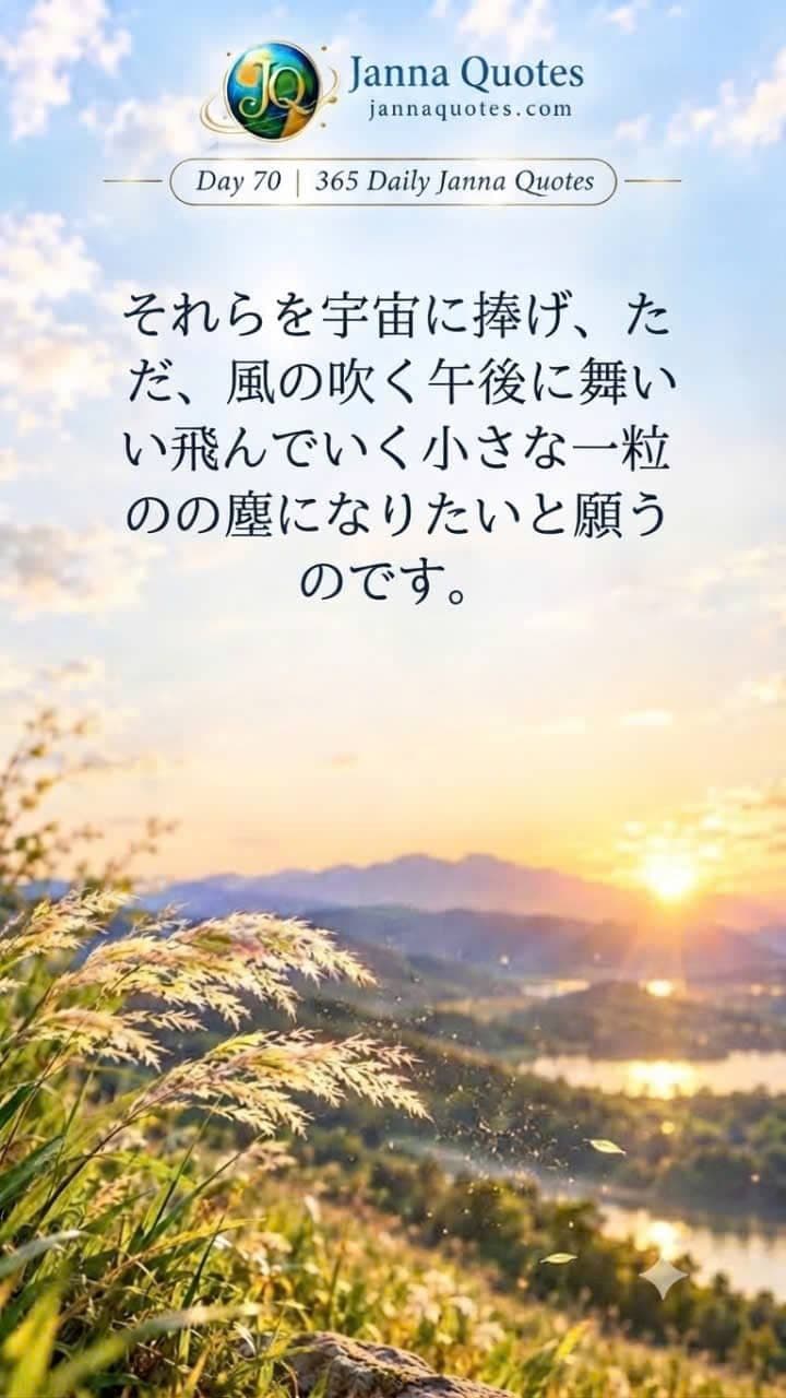 夕暮れの風景と、功績を手放して塵になることについての英語とベトナム語の引用文が書かれたJanna Quotes Day 70のインフォグラフィック。