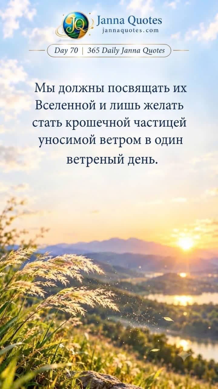 Инфографика Janna Quotes Day 70 с пейзажем заката и цитатой на английском и вьетнамском языках о необходимости отпустить свои заслуги и стать пылинкой на ветру.