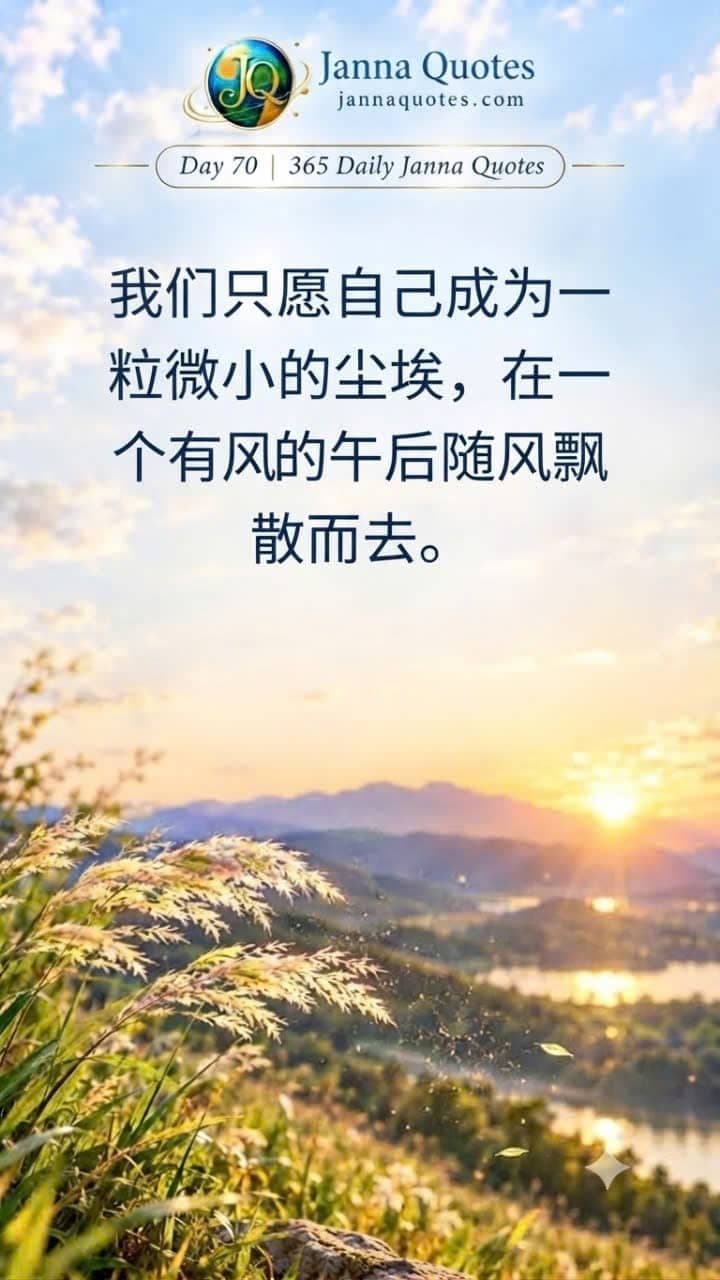 Janna Quotes Day 70 信息图,背景是日落山景,包含关于放下功劳并化作宇宙微尘的英文和越南文引文。