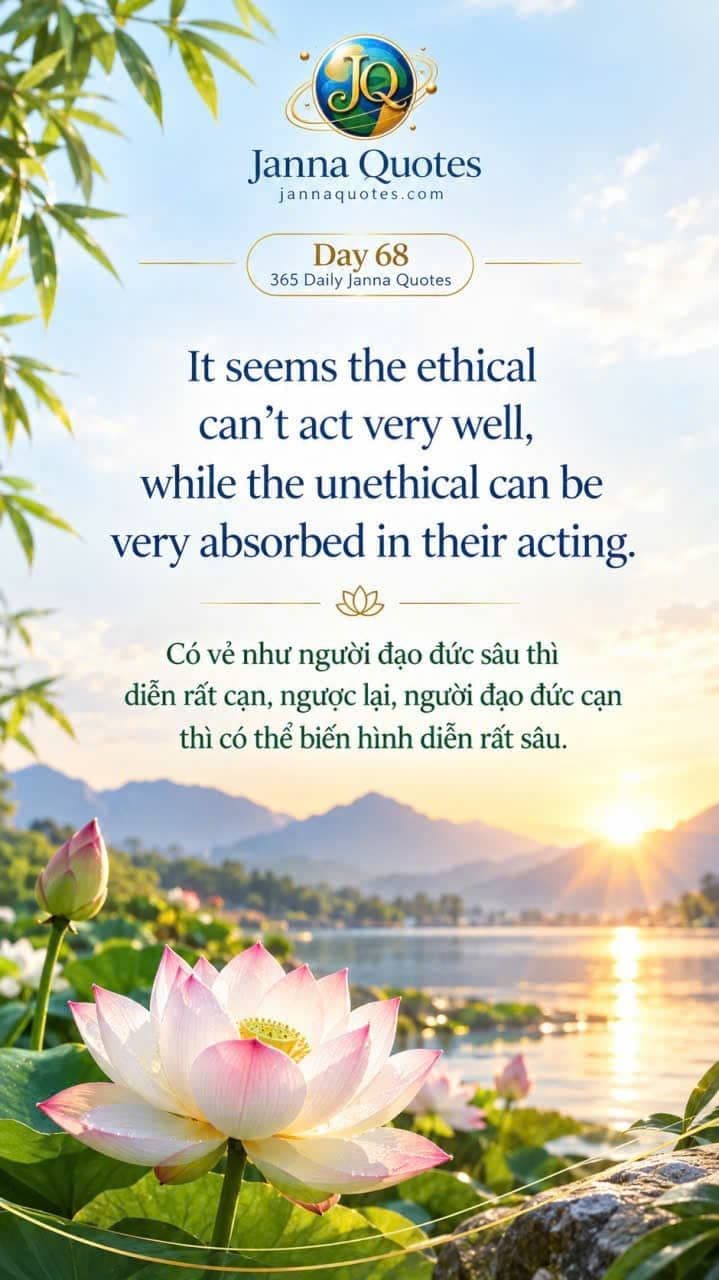 Hình ảnh Janna Quotes Ngày 68 với cảnh bình minh trên hồ, hoa sen hồng và câu danh ngôn về đạo đức.