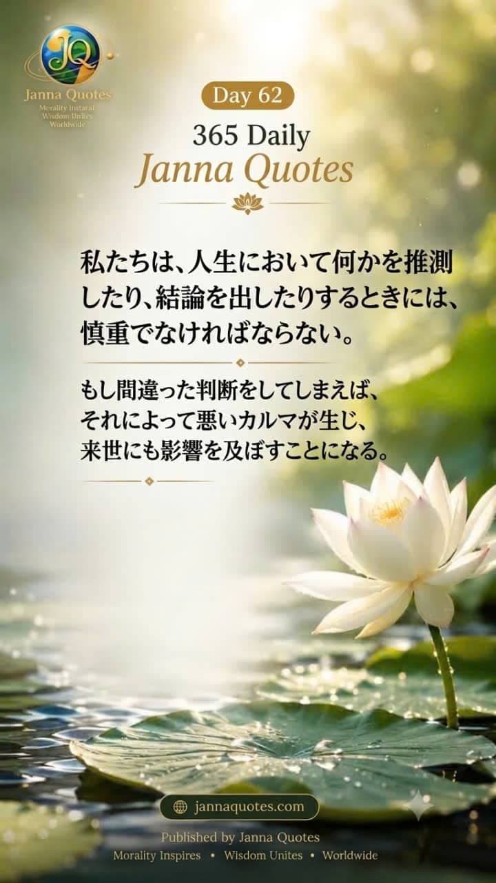 Janna Quotes Day 62の画像。蓮の花とともに、人生における推測や判断、結論を慎重にすることの大切さを伝える言葉が描かれている。