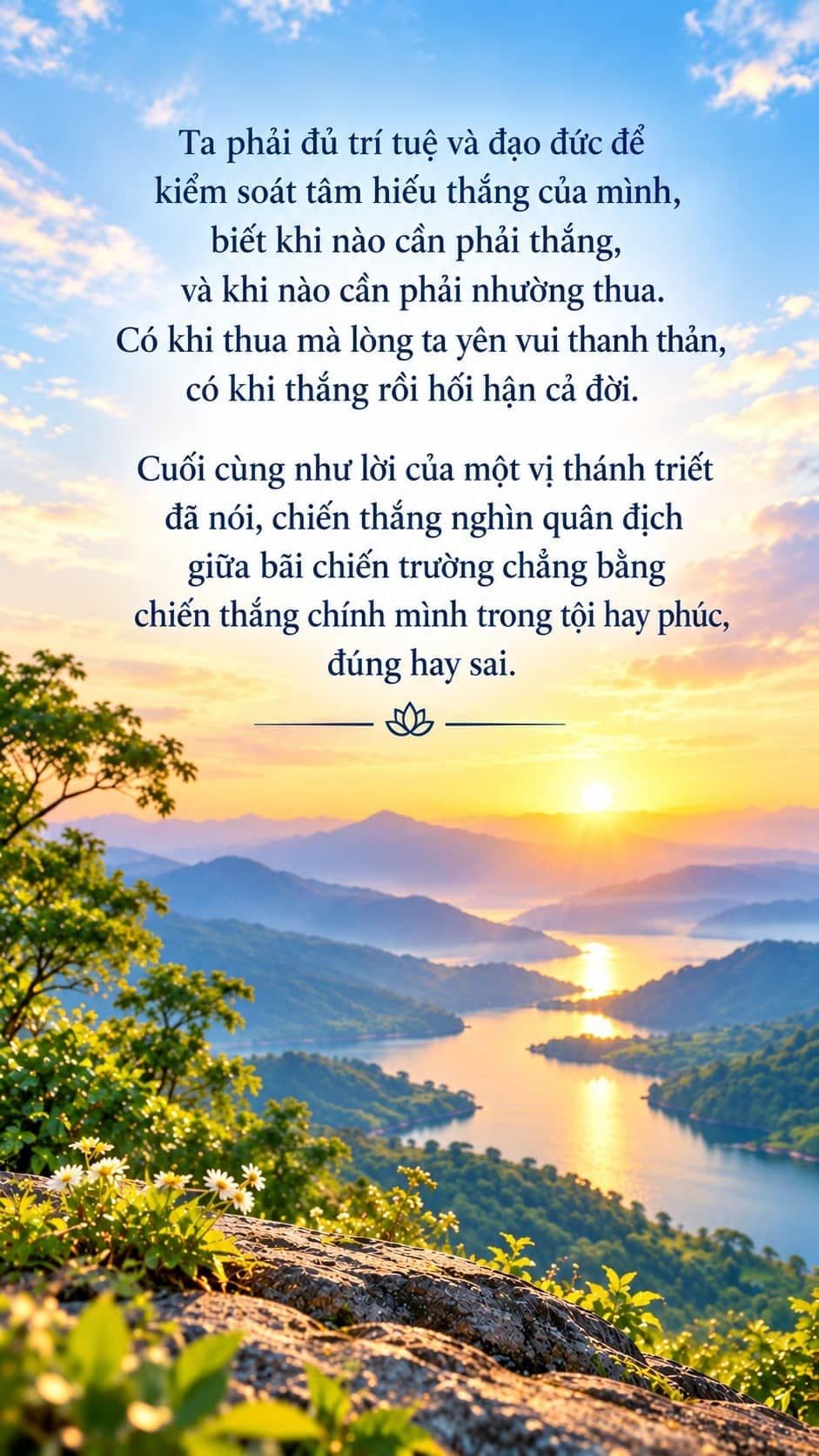 Cảnh thiên nhiên núi non và hồ nước lúc bình minh, tượng trưng cho sự bình an, trí tuệ và chiến thắng chính mình.