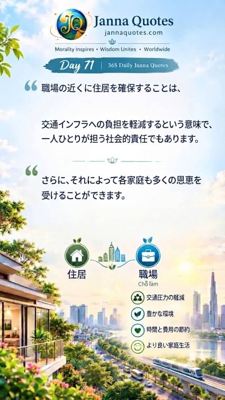 勤務地の近くに住むこと、交通負担の軽減、家族のメリットに関するJanna Quotes第71日目のインフォグラフィック画像。