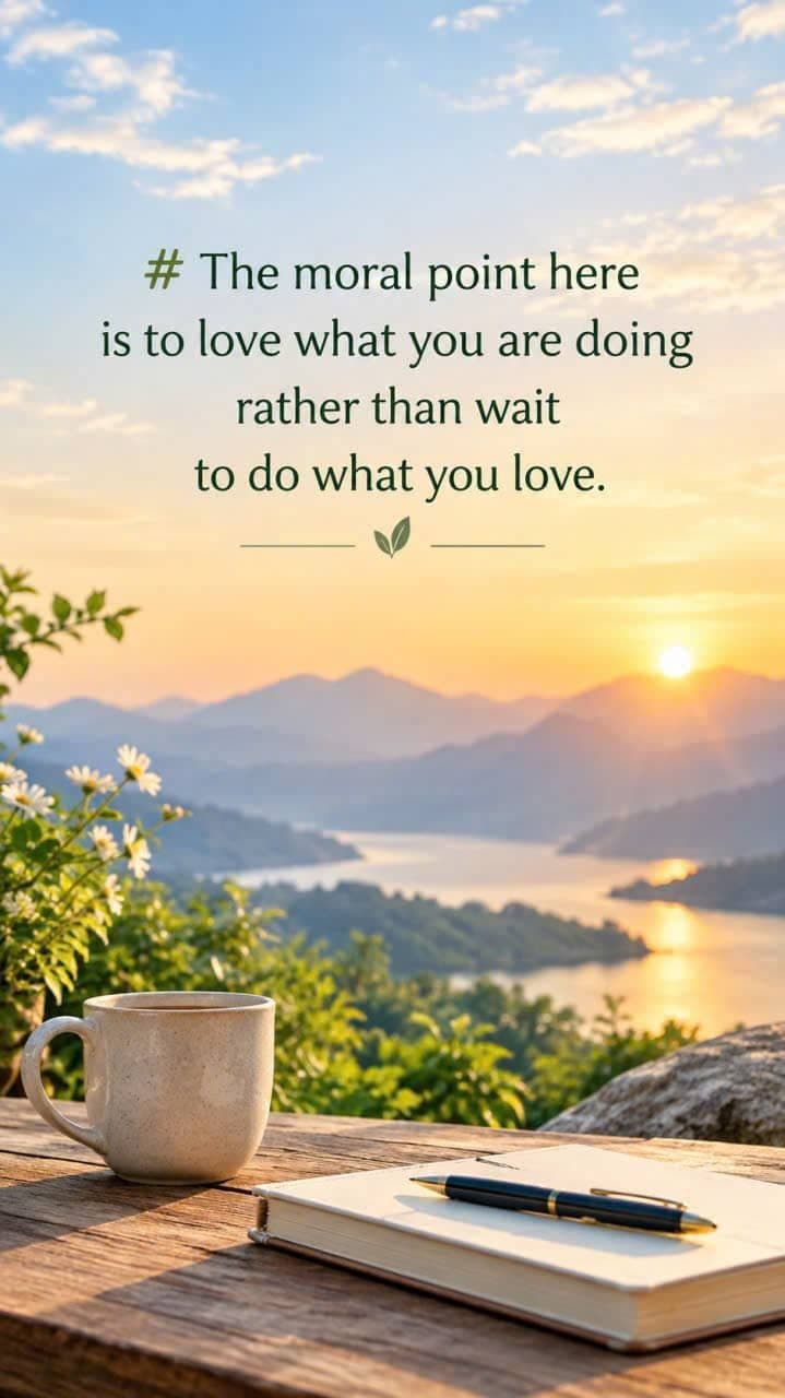 A peaceful sunrise over mountains and a lake with a coffee cup, notebook, and pen, illustrating the message to love what you are doing.