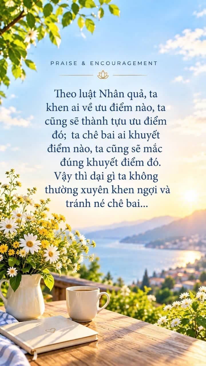 Hình ảnh truyền cảm hứng về luật nhân quả, khuyến khích con người biết khen ngợi điều tốt, tránh chỉ trích và nuôi dưỡng những phẩm chất.