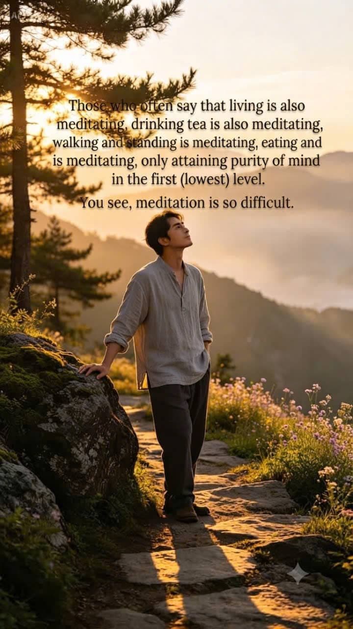 A person practicing meditation while daily activities symbolize walking, drinking tea, eating, and living mindfully.