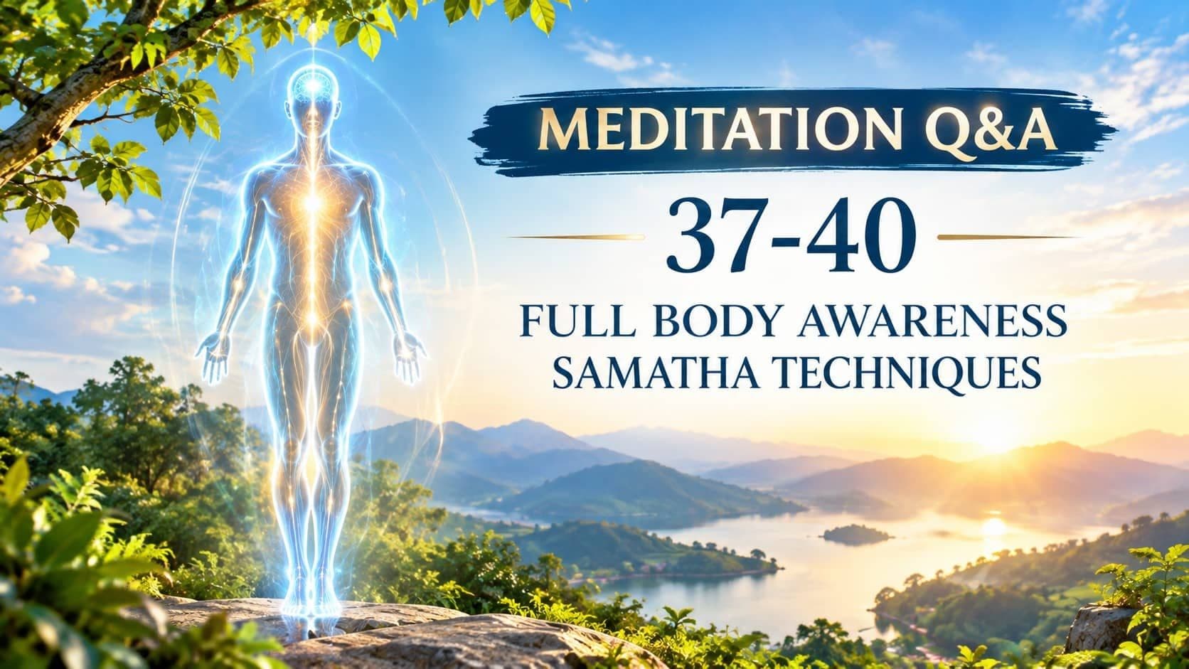 Meditation Q&A 37–40 illustrating full-body awareness, relaxed posture, Samatha meditation, and breath awareness.