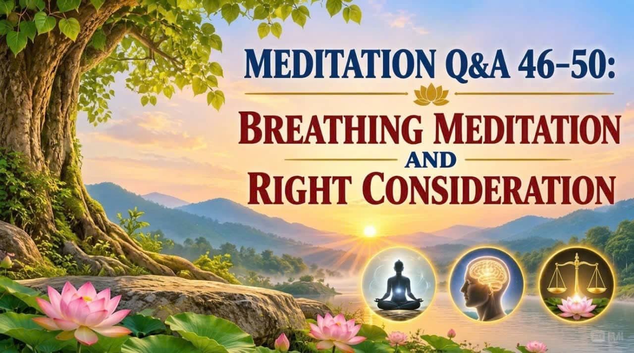 瞑想Q&A 46–50、呼吸瞑想、正思惟、マインドフルネス、道徳的な修養を表すイメージ。