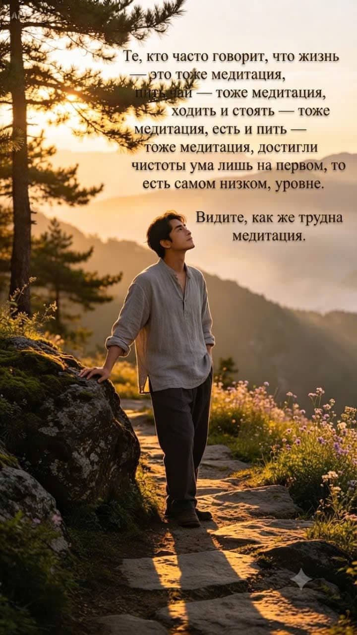 Человек медитирует, а вокруг него символически представлены ходьба, стояние, чаепитие и прием пищи в осознанности.
