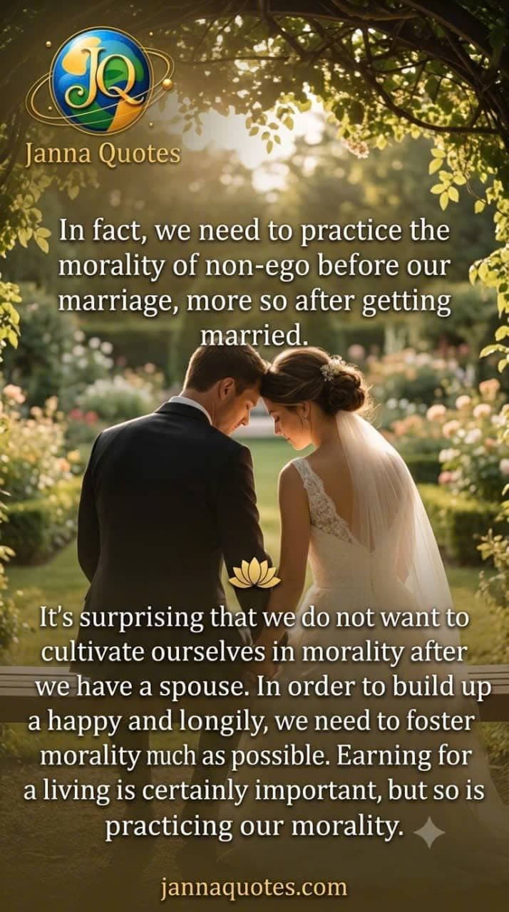 Couple in wedding attire holding hands in a sunlit garden, featuring an inspirational quote on morality in marriage by Janna Quotes.