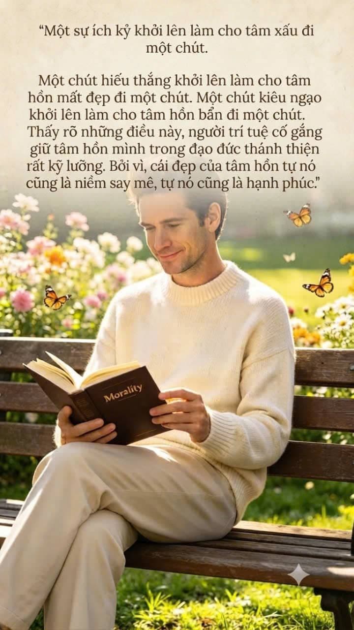 Một người đàn ông đọc sách về đạo đức trên ghế công viên giữa vườn hoa và những chú bướm.
