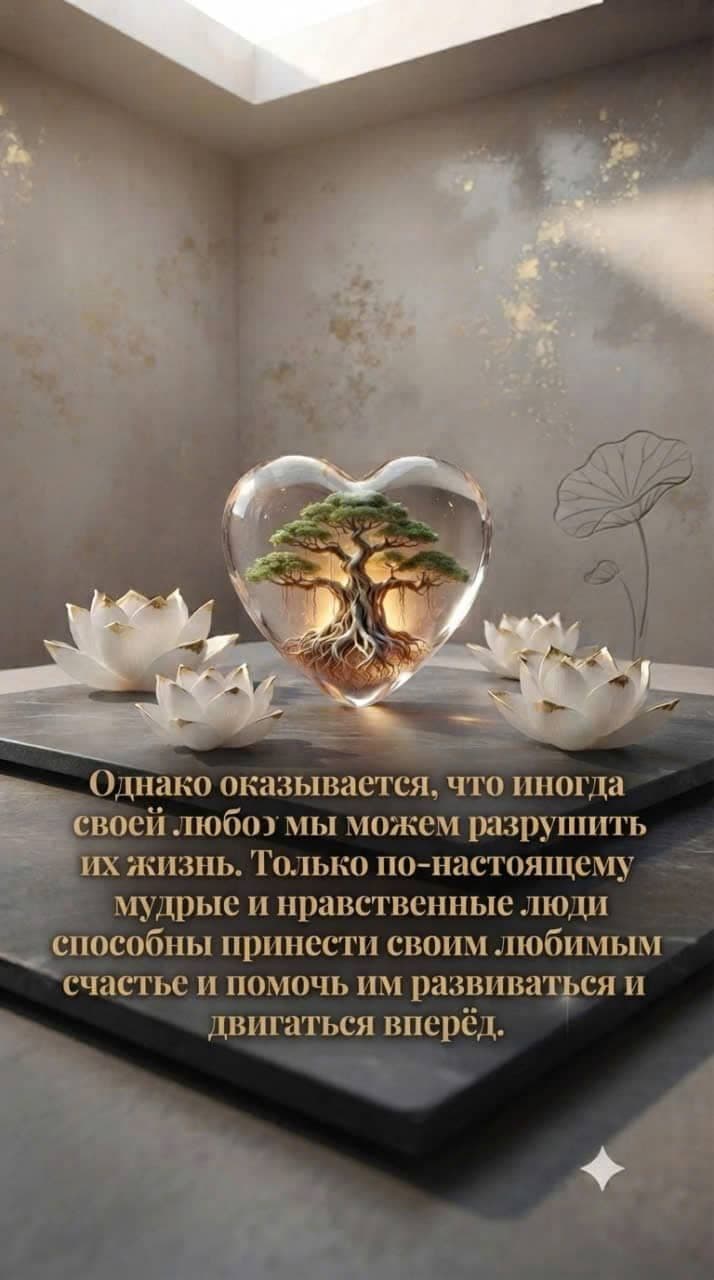 Светящееся бонсай внутри стеклянного сердца и белые лотосы, символизирующие мудрость и нравственность в любви.