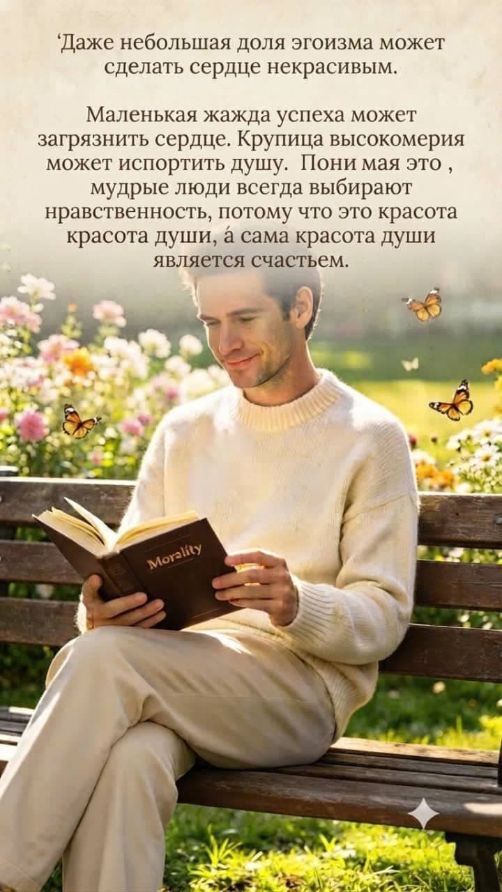 Мужчина читает книгу о нравственности на скамейке в парке среди цветов и бабочек.