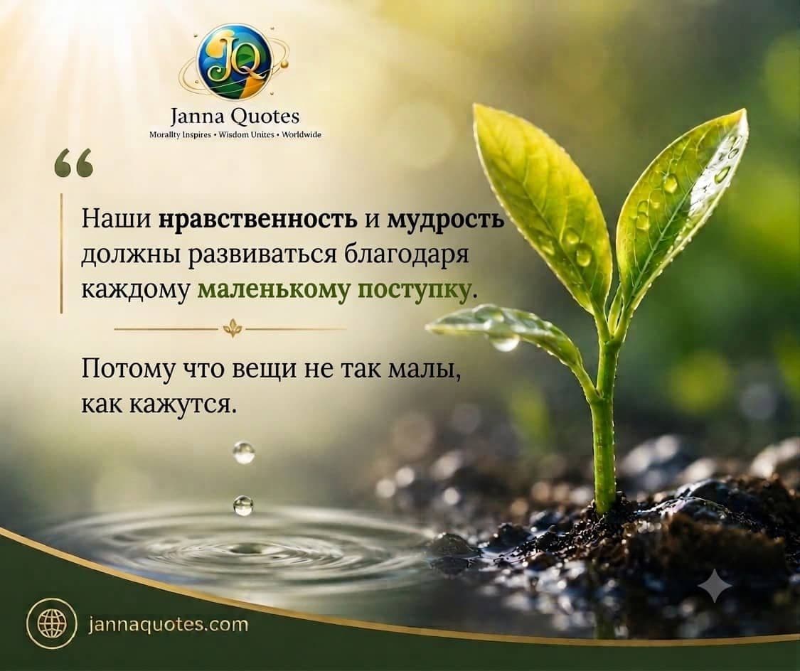 Молодой зелёный росток с каплями воды, пробивающийся из земли, символизирует то, как нравственность и мудрость взращиваются каждым маленьким поступком.