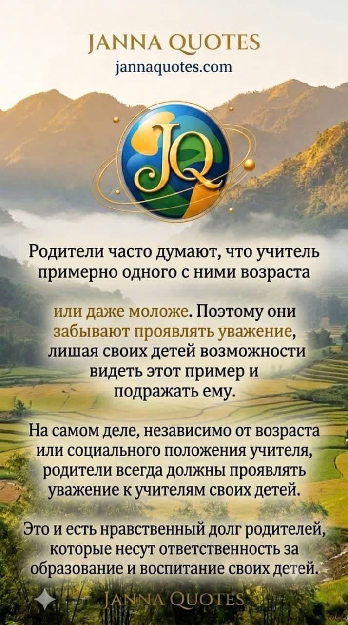 Цитата Janna Quotes о моральном долге родителей и уважении к учителям на фоне красивого природы.