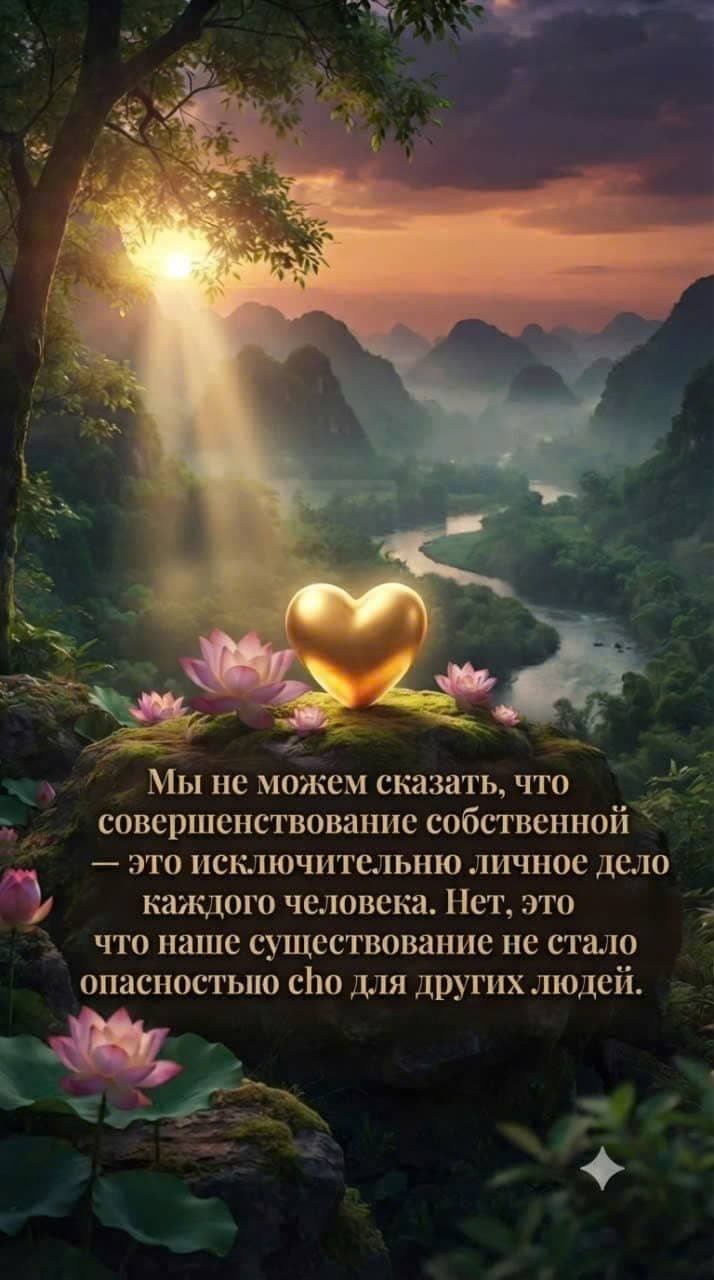 Символическое изображение весов с золотым сердцем на одной чаше и монетами на другой, расположенных на фоне мирной горной долины с лотосами