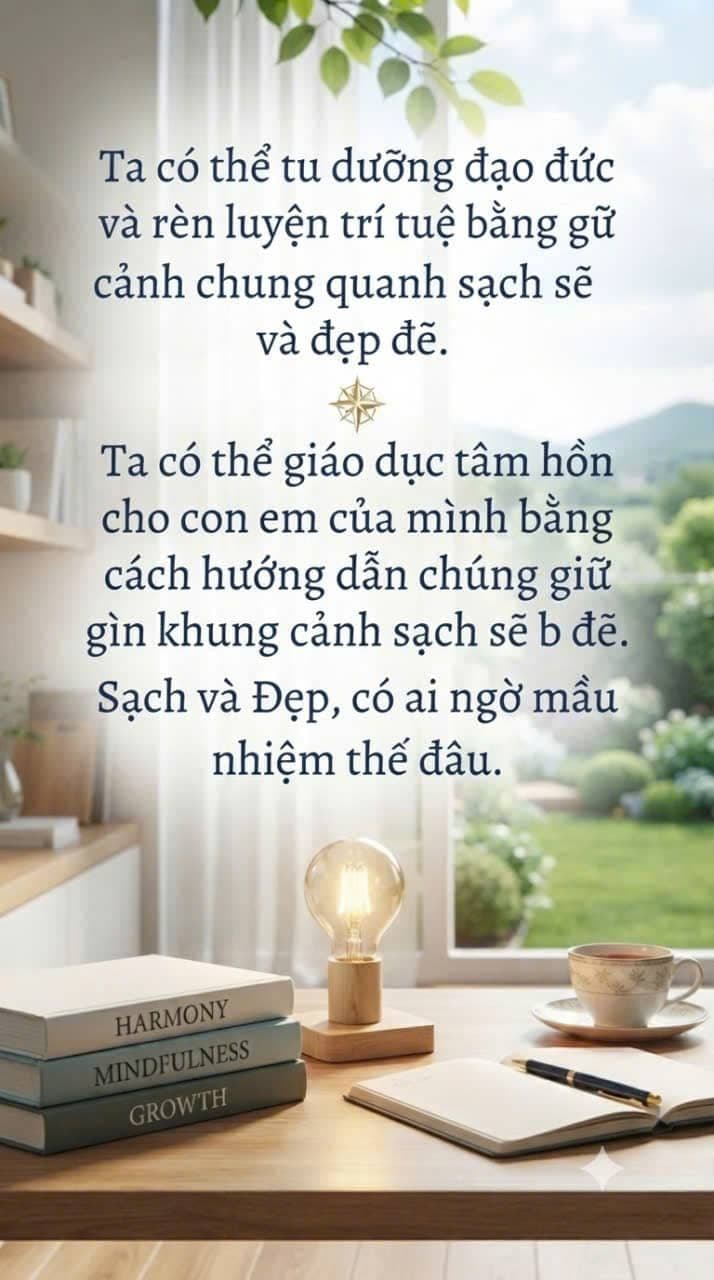 Hình ảnh truyền cảm hứng về việc nuôi dưỡng đức hạnh và trí tuệ qua môi trường sạch đẹp với sách, bóng đèn, sổ tay và khu vườn.