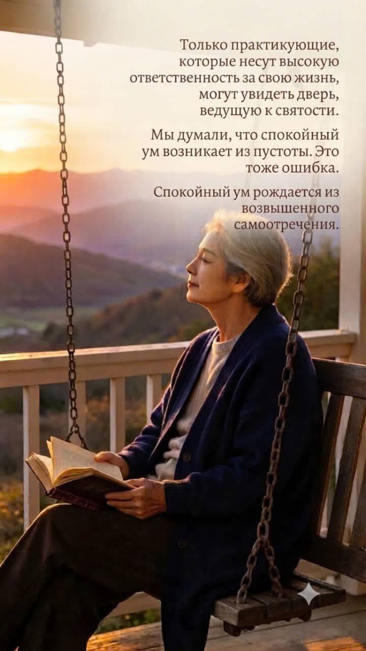 Пожилая женщина, сидящая на качелях и читающая книгу на закате, с вдохновляющей цитатой об ответственности за жизнь и душевном покое.