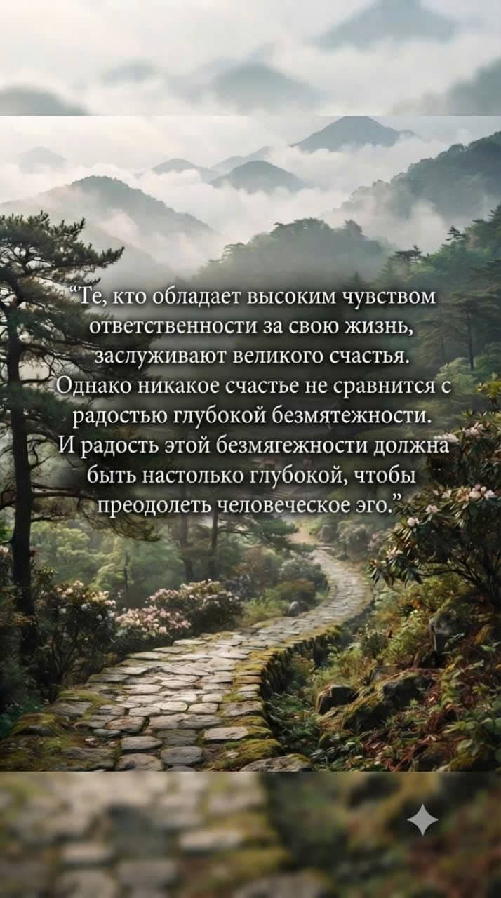 Живописная горная тропинка в тумане среди деревьев с вдохновляющей цитатой об ответственности за жизнь и душевном покое.