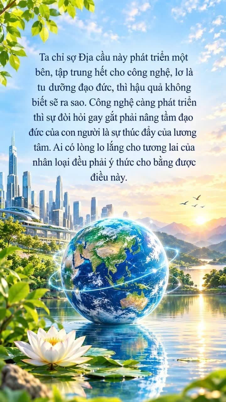 Thành phố tương lai và Trái Đất phát sáng tượng trưng cho sự phát triển công nghệ, đạo đức và tương lai của nhân loại.