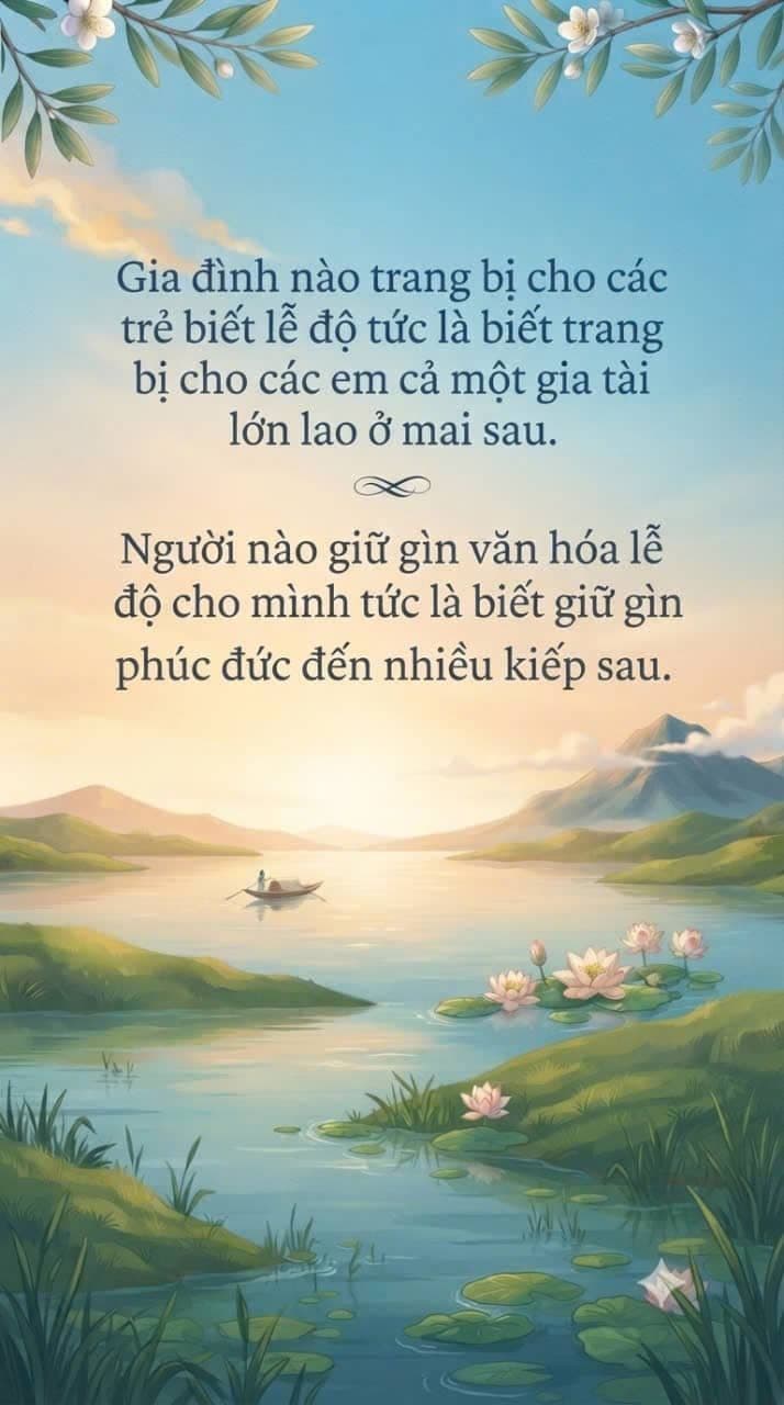 Phong cảnh hồ nước thanh bình với hoa sen và núi non, thể hiện giá trị của sự lễ phép, tôn trọng và những phước lành cho tương lai.