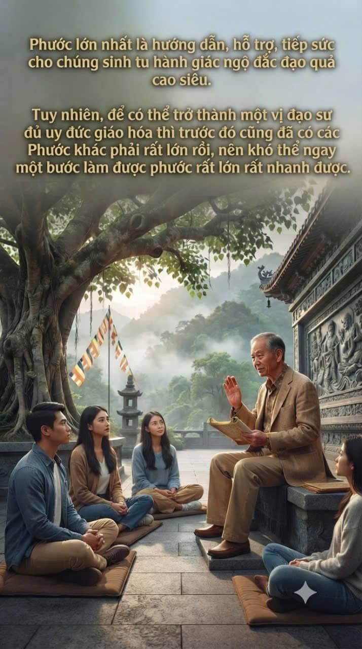 Người thầy tâm linh hướng dẫn những người đang tu tập trong không gian yên bình của ngôi chùa