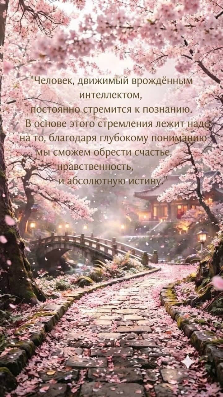 Тихая дорога среди цветущей сакуры с традиционным мостом и фонарями, символизирующая путь человека к знаниям, счастью, нравственности и высшей истине.