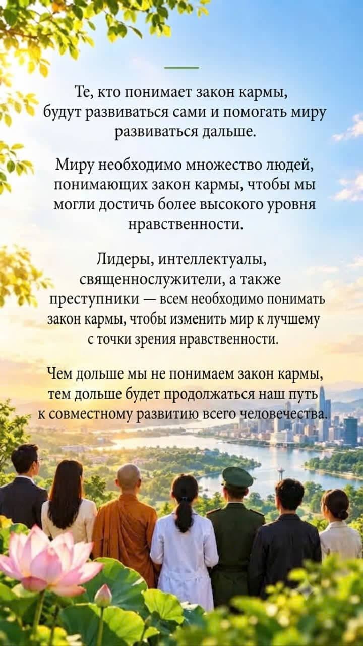Люди разного происхождения смотрят на современный город на рассвете, символизируя понимание закона кармы, нравственности и совместное развитие мира.